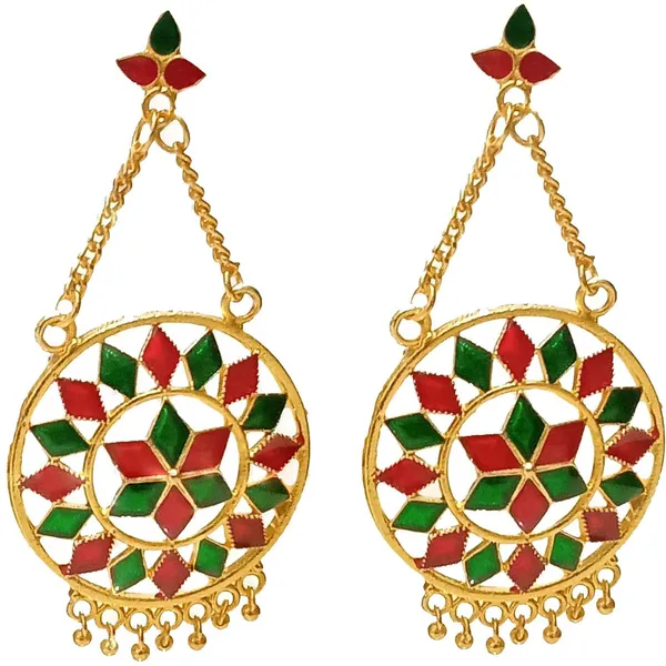 Assamese_Traditional_Copper_Gold_Plated_Red_Green_Colour_Jhumki_Earring_For_Girls_&_Women